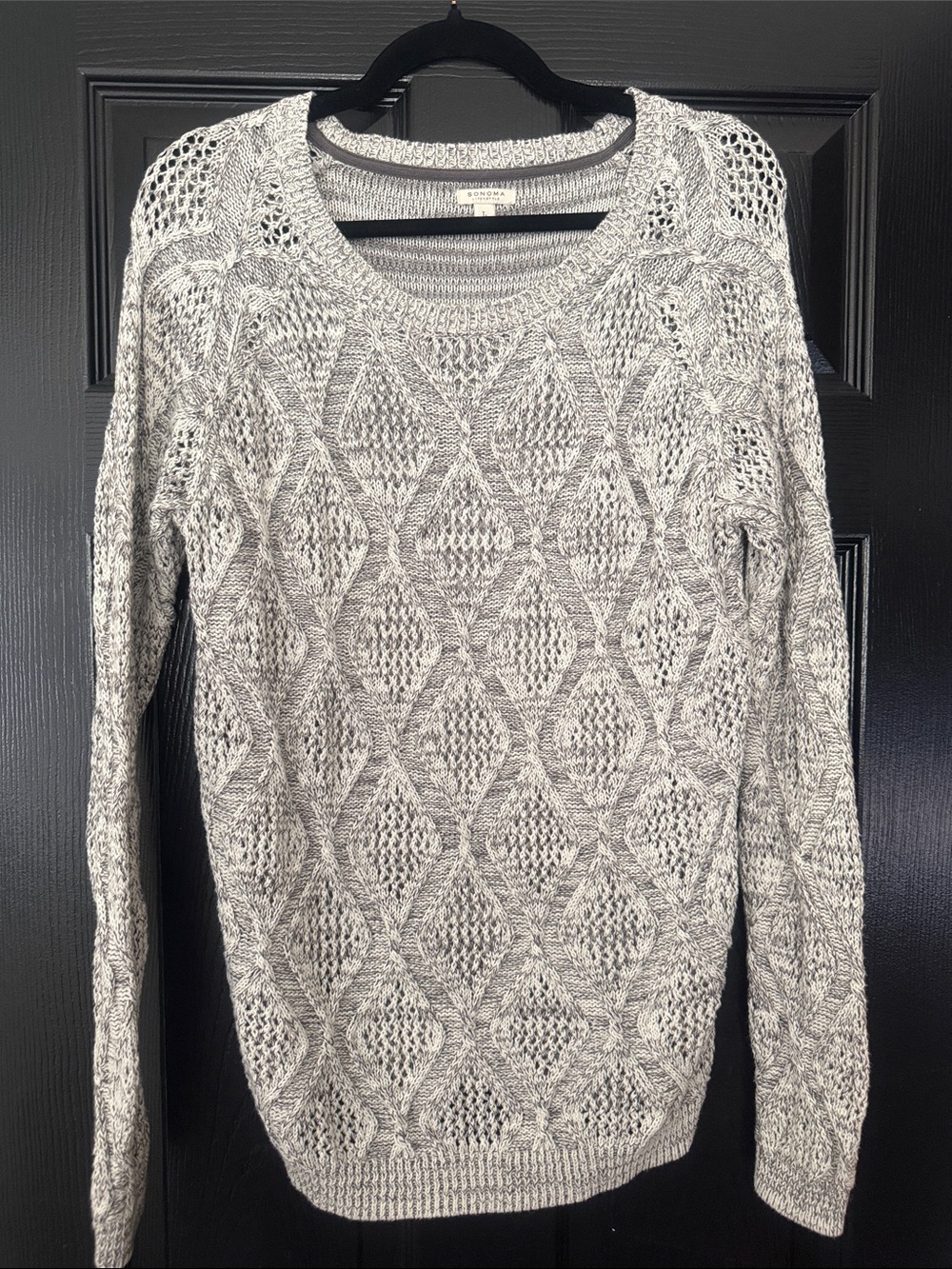 Sonoma Light Gray Open-Knit Diamond Crewneck Sweater